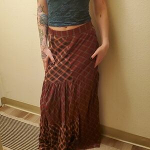 Free People Plaid Patchwork Style Maxi Boho  Skirt in Red and Brown